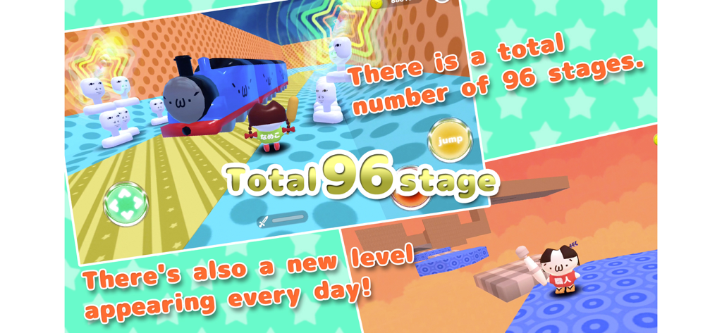 Syobon Chaos World 3D gameplay screenshot showcasing a chaotic 3D world with a cat character and a text overlay mentioning 96 stages and daily levels.
