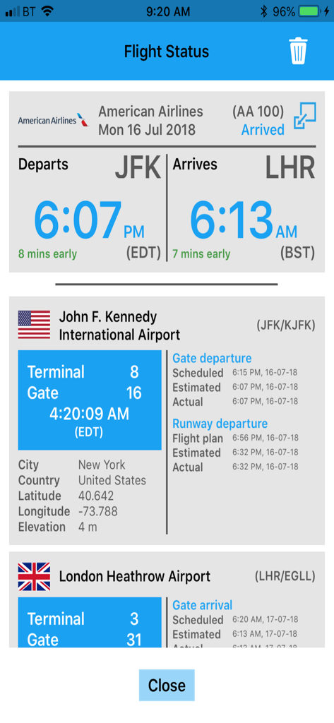 Pantalla de la aplicación móvil que muestra los tiempos de llegada e información de puerta para un vuelo de American Airlines de JFK a Londres Heathrow