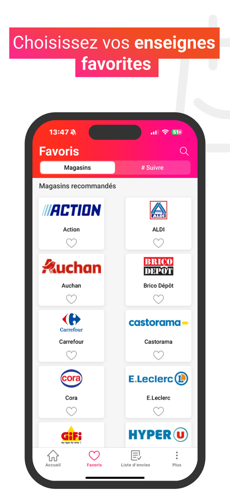 Interface utilisateur de l'application Catalogues & Promotions France affichant une sélection de détaillants français préférés