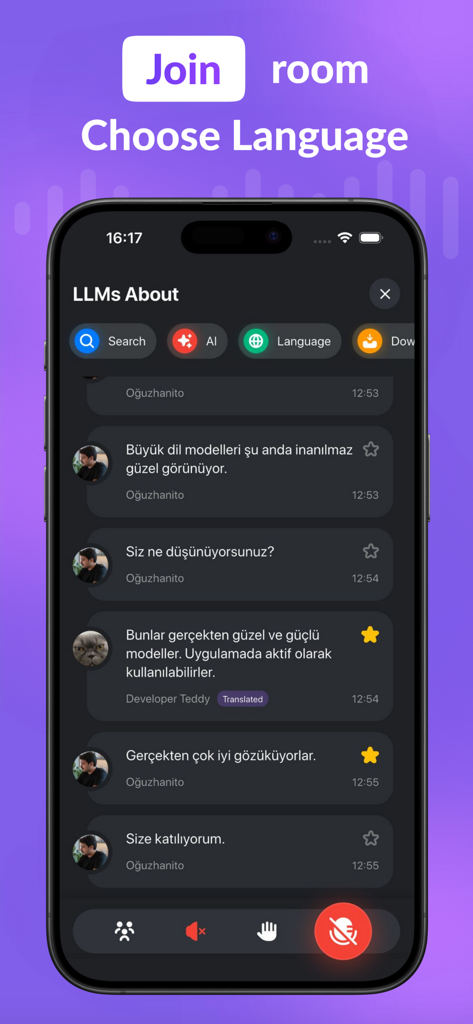 AI Live Speech Translator App - AIリアルタイム音声翻訳アプリのインターフェース。リアルタイムで翻訳されたメッセージが表示されるグループチャットルームが表示されています。