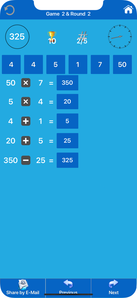 The Countdown Numbers Game - A mobile app screen showing step-by-step arithmetic equations to reach a target number.