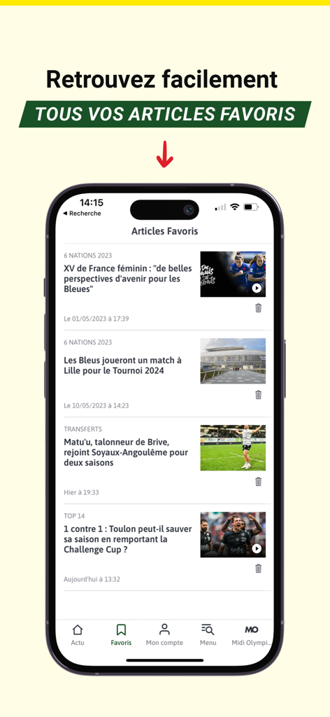 Pantalla de un smartphone mostrando la sección de artículos favoritos de la aplicación de noticias de rugby Rugbyrama.