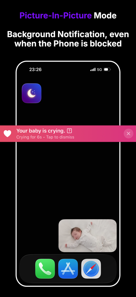 Slumberly - Baby Monitor - Slumberly app showing picture in picture video of a sleeping baby and a crying notification.