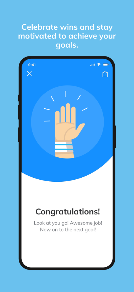 Peak Fitness (ABC Trainerize) - A motivational congratulations screen in the Peak Fitness app showing a high-five graphic for achieving a goal.