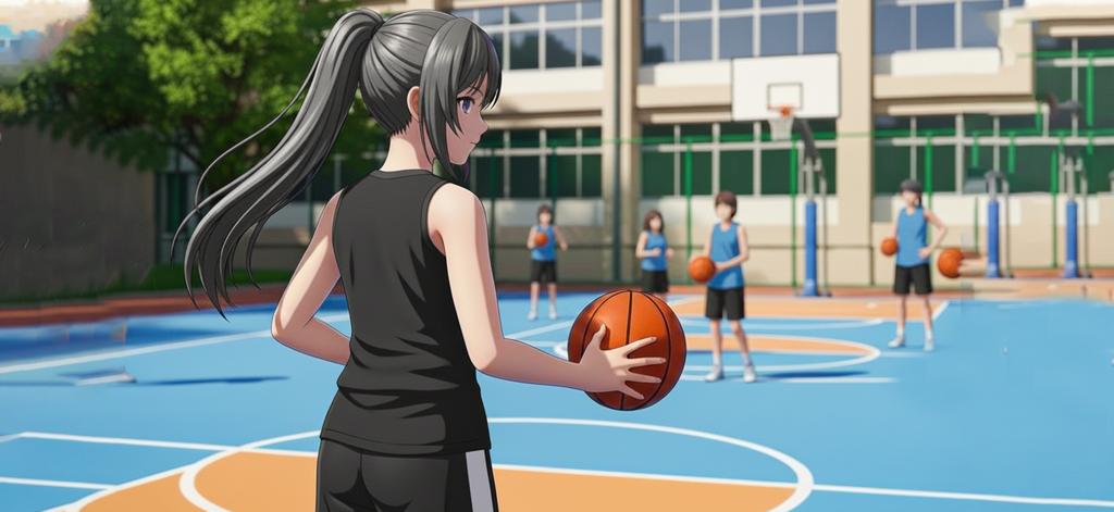 Anime Girl School Life Game 3D - Anime girl character holding a basketball on an outdoor school court