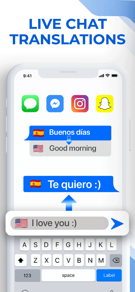 Tela de smartphone exibindo o recurso de tradução de bate-papo ao vivo entre mensagens em inglês e espanhol.