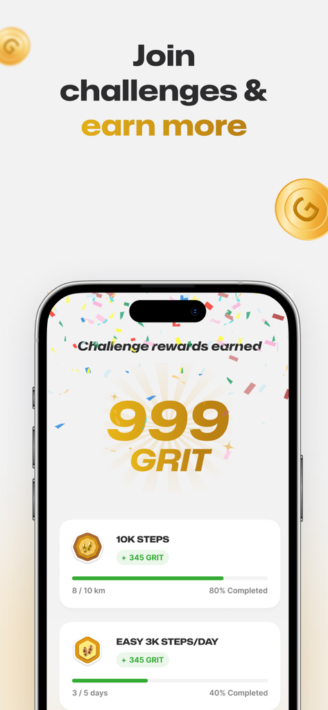 Fitmint: Walk & Steps tracker - Fitmint app screen displaying 999 GRIT coins earned from 10K step challenges and daily goal progress.