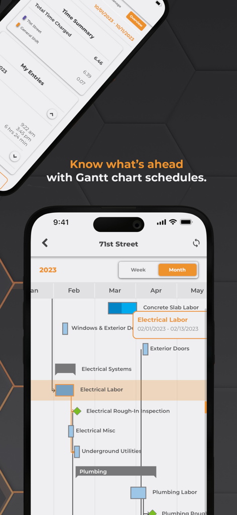 ConstructionOnline - ConstructionOnline mobile app showing a Gantt chart project schedule