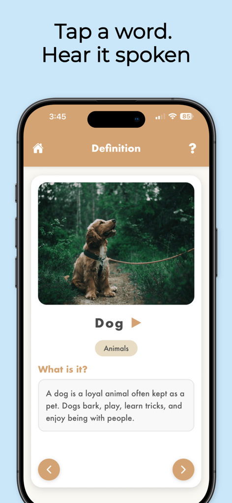 Kids Dictionary School Edition - Screenshot of the Kids Dictionary app showing the word dog with an image and text definition