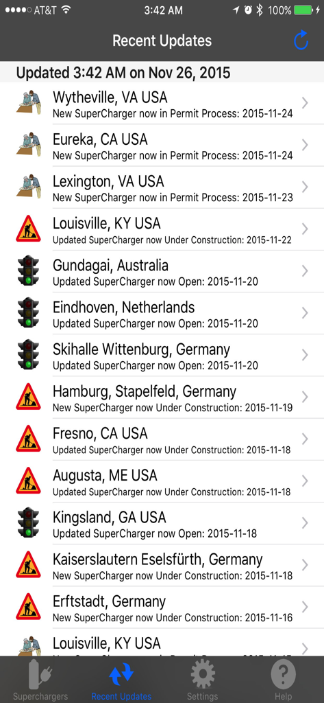 Superchargers For Tesla - A screen showing the latest status updates for Tesla Supercharger locations including permits construction and new openings