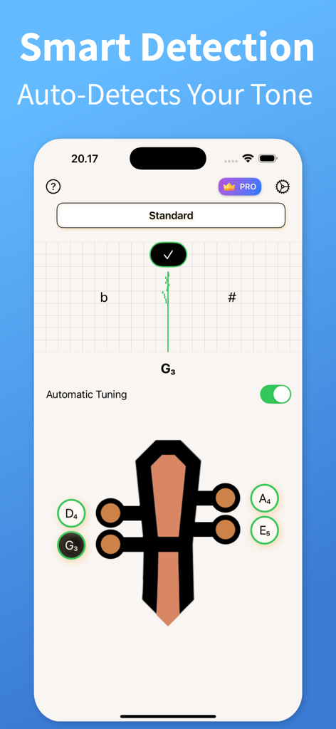 Violin Tuner - TuneGuide - Violin Tuner app interface showing smart detection and automatic tuning for a G string