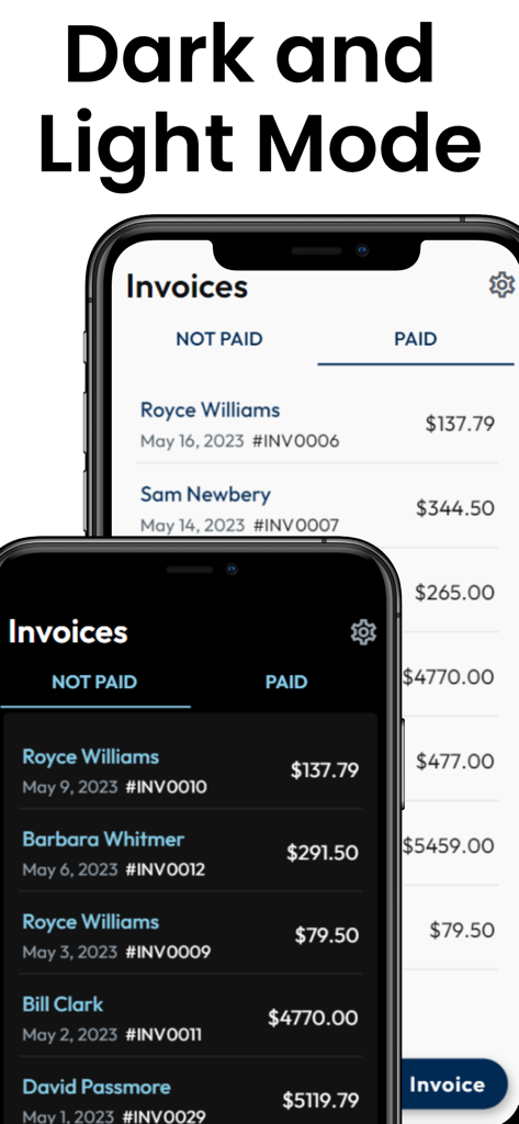 Invoice Maker - PDF Creator - Invoice Maker app interface showing dark and light mode themes