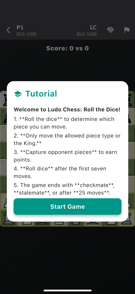 Ludo Chess: Roll the Dice - A tutorial screen for Ludo Chess explaining the rules for piece movement based on dice rolls