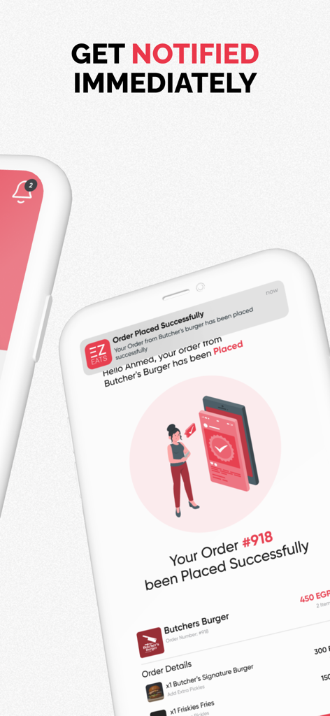 EZeats: A New Food Experience - EZeats app interface showing a successful food order notification and details