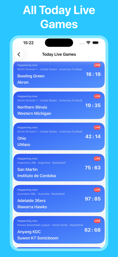 Footballify - Live Score808 - Footballify app interface displaying live scores for football and basketball games.