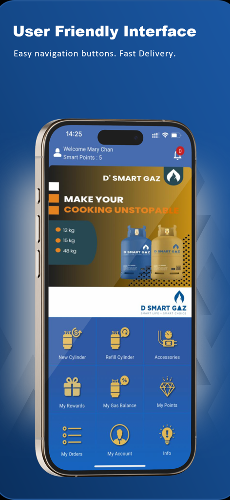 D Smart Gaz mobile app dashboard showing icons for new cylinder orders refill services and gas accessories