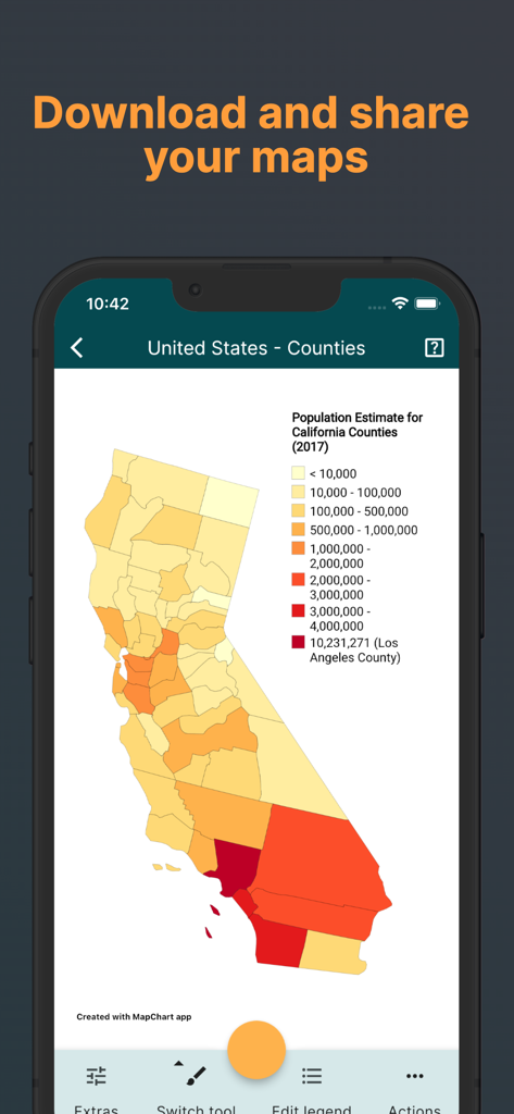 MapChart App - Une visualisation des données de population des comtés de Californie sur l'interface de l'application mobile MapChart