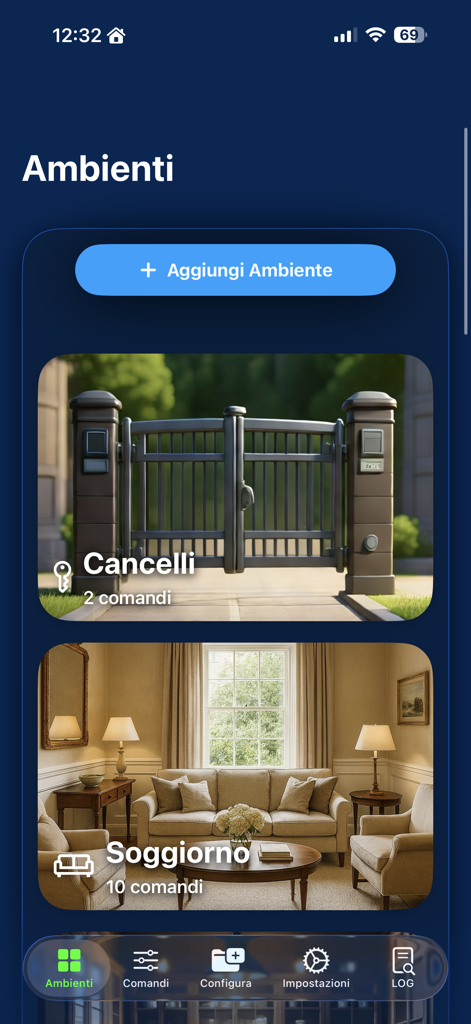 KNX Pro Tester - KNX Pro Tester App-Oberfläche mit benutzerdefinierten Smart-Home-Umgebungen, einschließlich Toren und Wohnzimmer