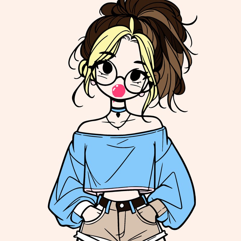 girl with a messy ponytail glasses a baggy crop top and jean shorts