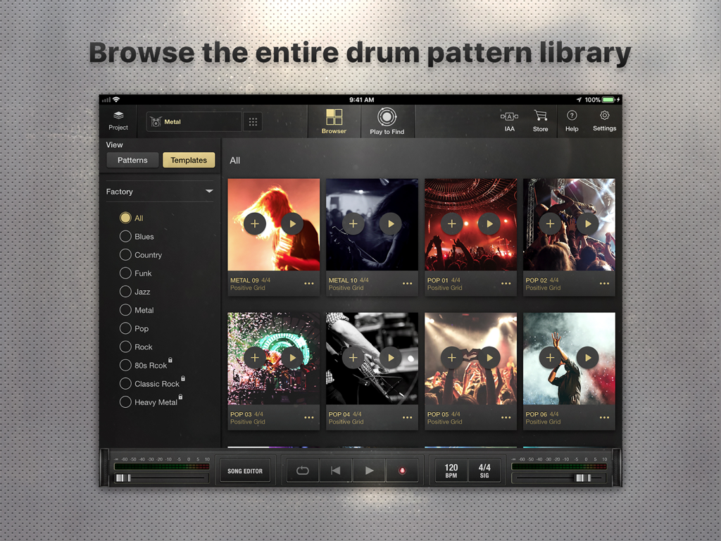 X Drummer app drum pattern library browser on iPad
