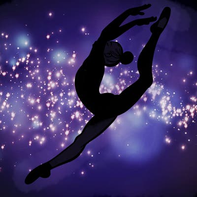 gymnast doing a leap in a leotard with a bent back leg