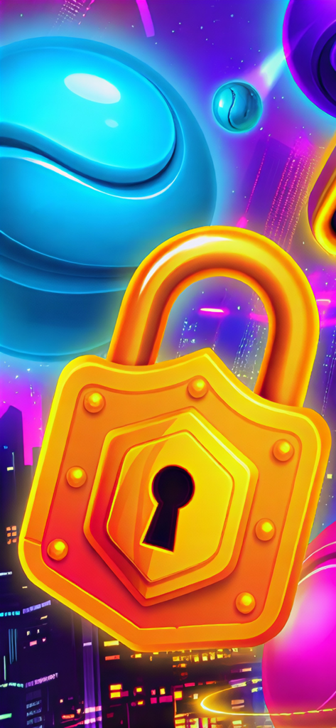 A large golden lock icon set against a vibrant neon background with blue spheres in the Plifall Rings game.