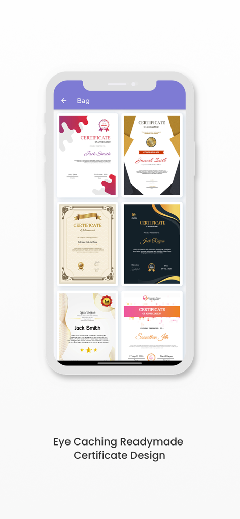 Certificate Maker:Creator - Interfaz de la aplicación móvil mostrando una galería de plantillas de certificados profesionales listas para usar.