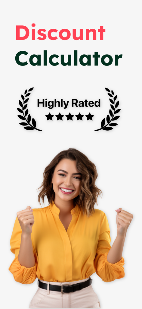 Happy woman with a highly rated five star badge for the Sales Tax Discount Calculator app