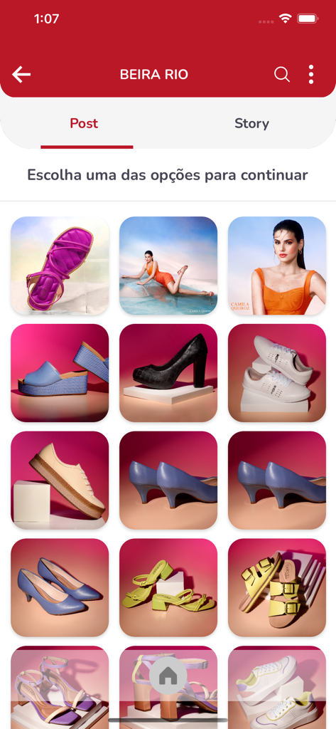 Beira Rio - Poste Fácil - A grid of professional footwear images in the Beira Rio Poste Fácil app for social media marketing.