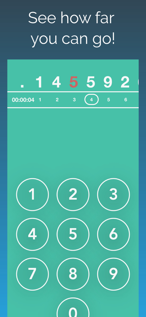 Gameplay screen of Pi - The Game showing a numeric keypad and Pi digits sequence