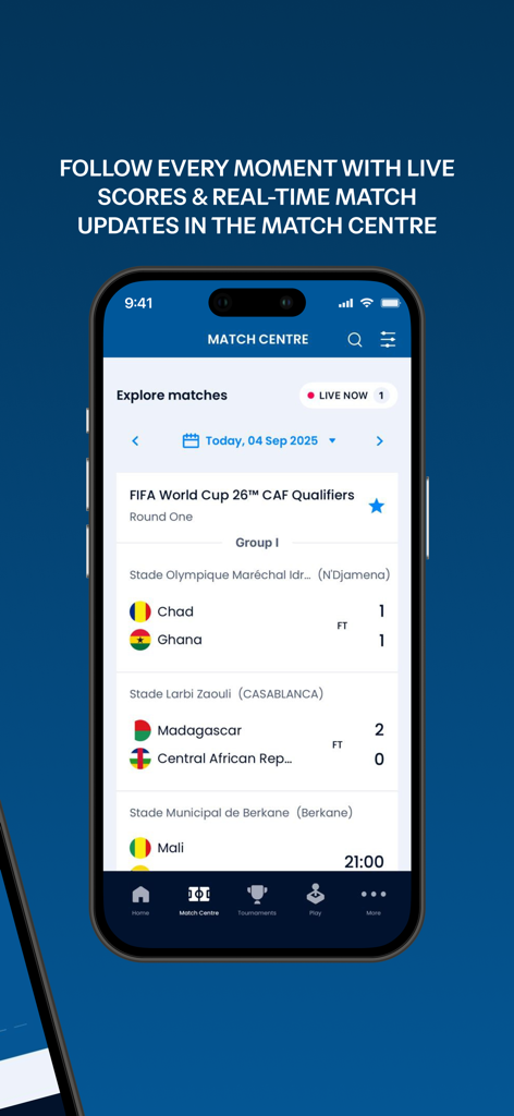 The Match Centre screen of the FIFA Official App displaying live scores for World Cup qualifiers.