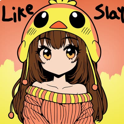 anime girl with chick shaped hat with sweater with bare shoulders with bangs covering them one eye with low tail