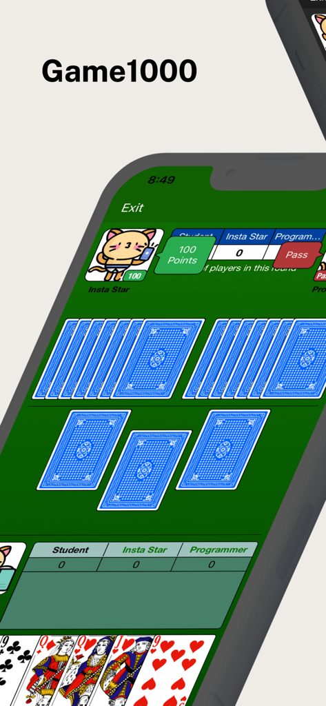 Mobile screen showing the Game1000 card game interface with players bidding on a green table