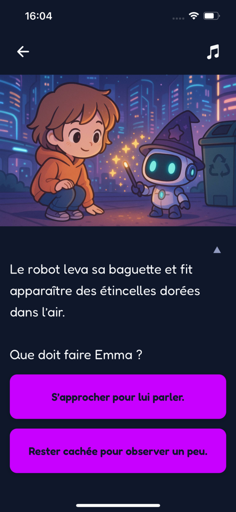 eBooKids - Interactive story screen in eBooKids app featuring a child and a robot wizard with choice buttons for the reader