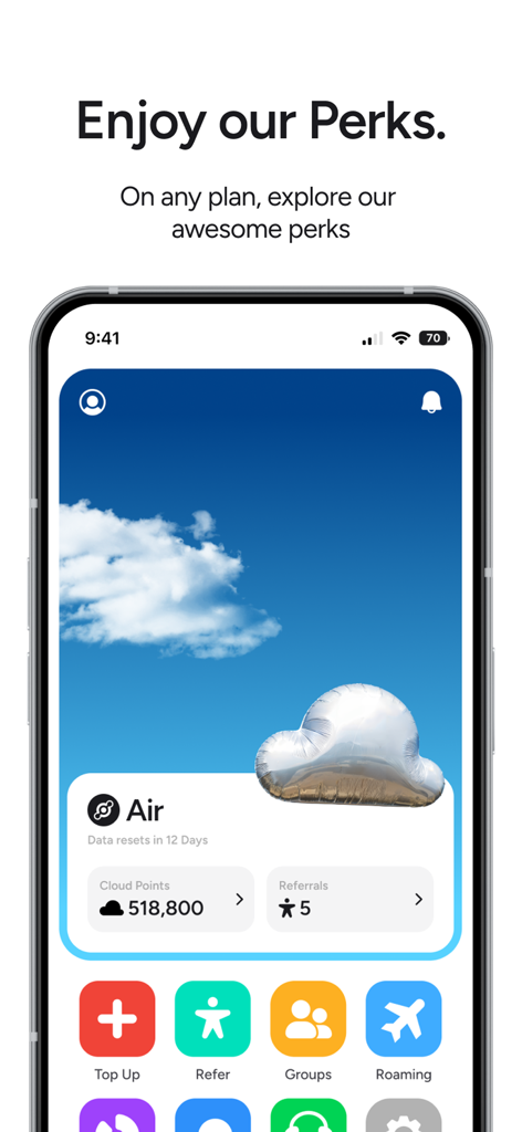 Dashboard of the Helium Mobile app displaying user perks and points.