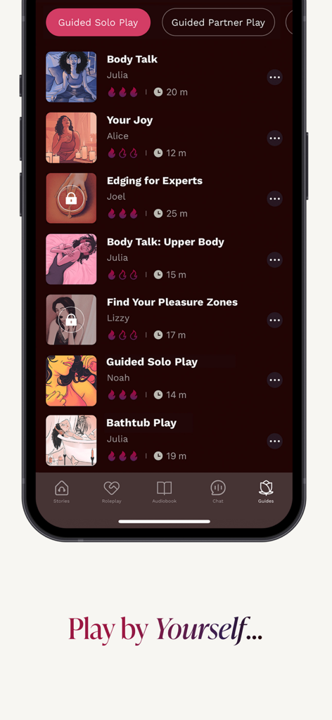 A mobile screen from the Bloom Stories app showing a list of guided solo play audio sessions including Body Talk and Bathtub Play.