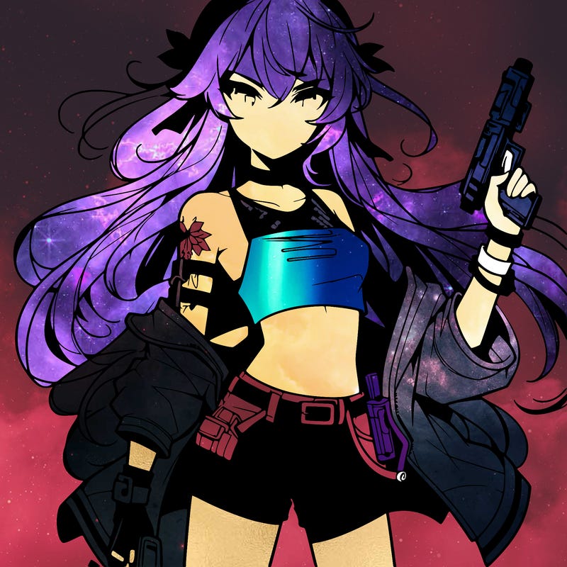 bad girl wearing crop top holding a gun long hair anime