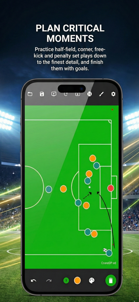 CoachPad Football Tactic Board - Mobile interface of CoachPad showing a tactical soccer board for planning corner and free-kick plays.