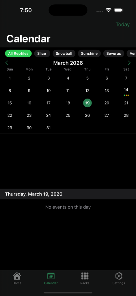 Reptile Tracker: Pets - A calendar interface in the Reptile Tracker app showing pet event schedules and individual animal filters.