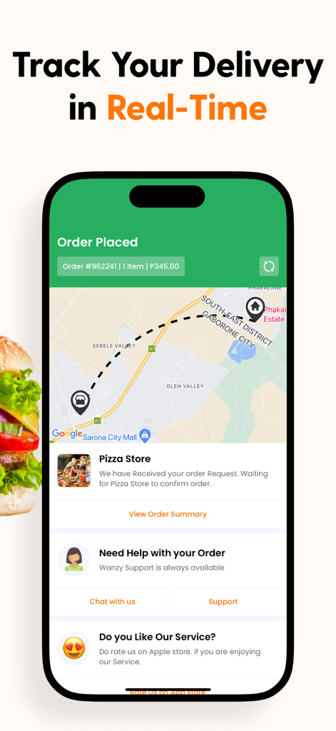 Wanzy - Wanzy app screen showing real-time order tracking on a map