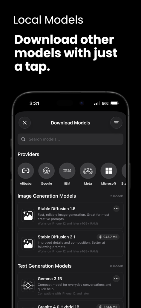 Interface of Nativ app showing a list of downloadable local AI models