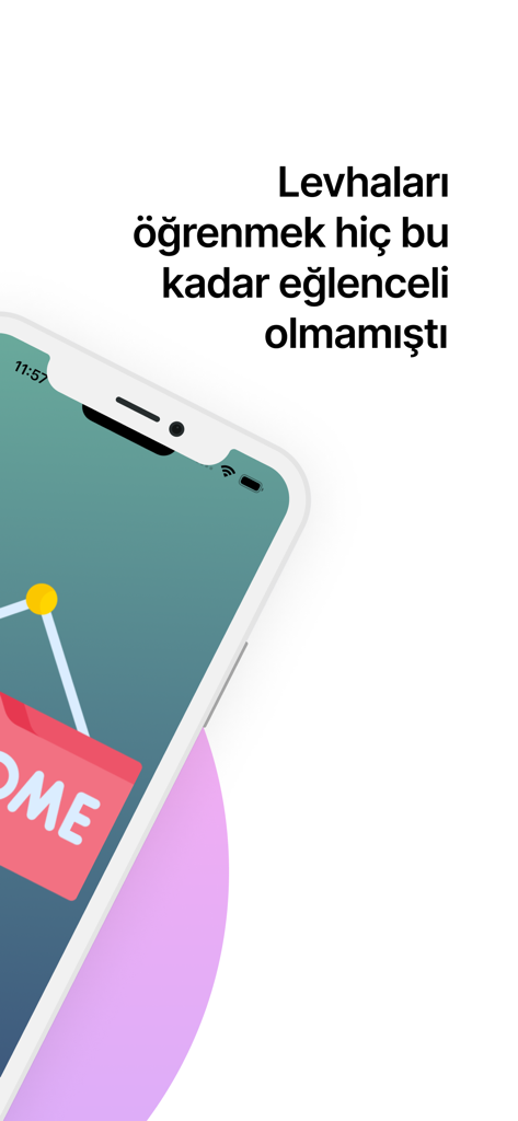 Un smartphone mostrando la pantalla introductoria de una aplicación de examen de señales de tráfico turcas con texto promocional sobre aprendizaje divertido.