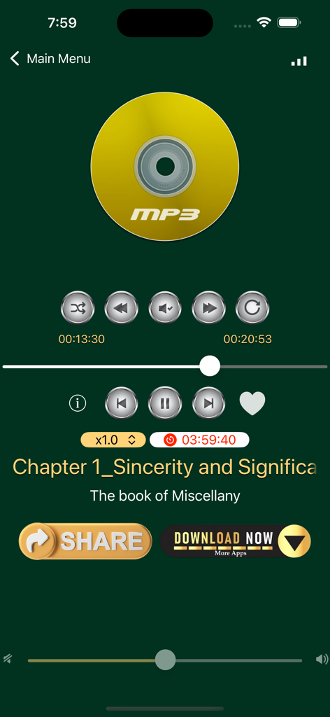 Riyadus Salihin English Arabic - Audio player interface for the Riyadus Salihin app featuring Chapter 1 of the book of Miscellany with gold MP3 icon and playback controls