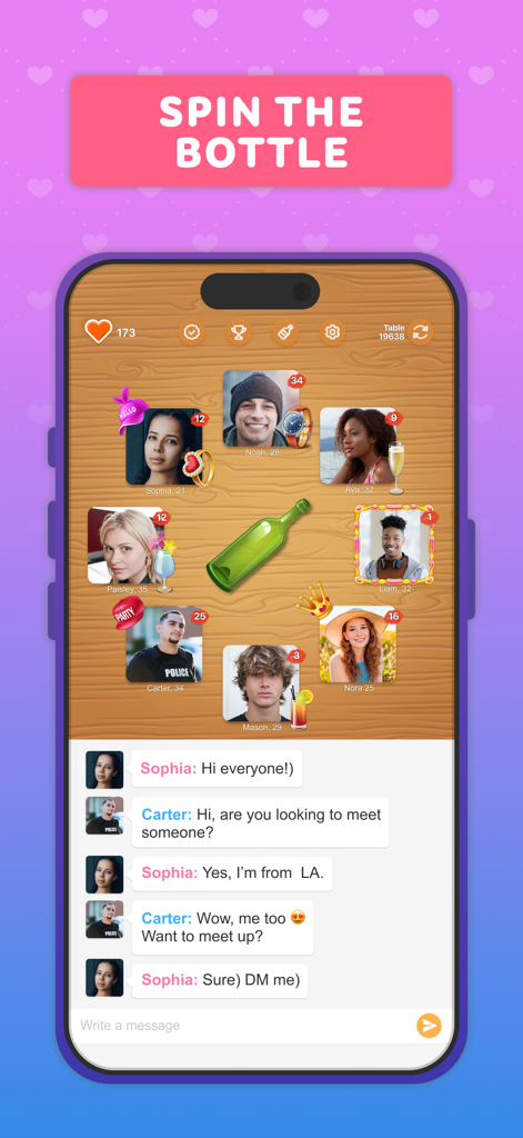 Spin the Bottle: make friends - Mobile game interface showing players around a virtual spin the bottle table with an active group chat below