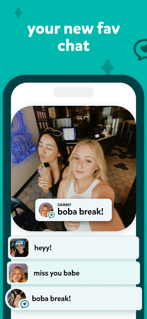 Noteit app screen showing a chat interface with photo messages and text notes between friends