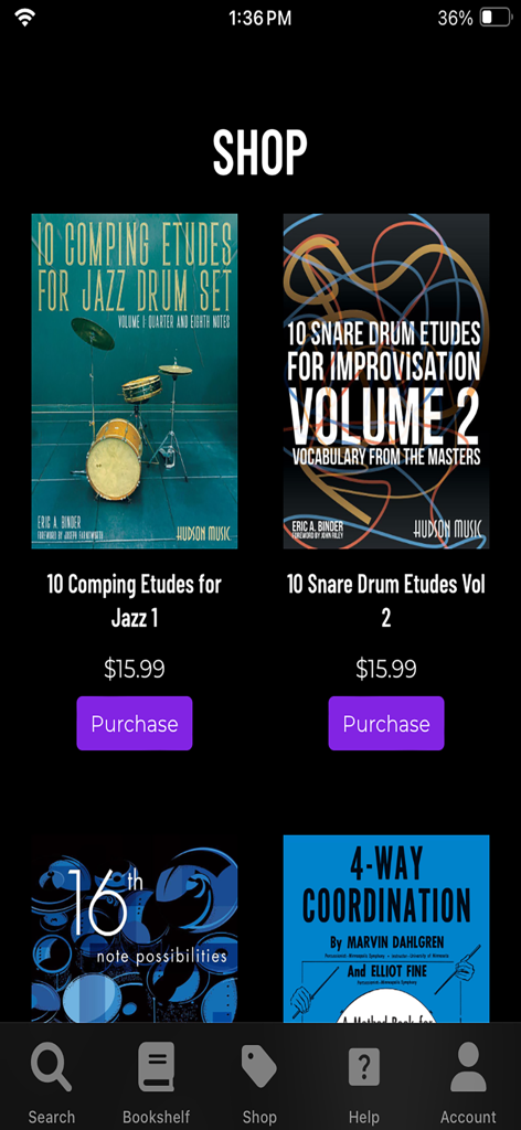 The shop screen of Hudson Music Digital Bookstore app showing drum method books with prices and purchase buttons