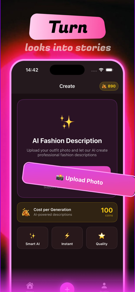 Meeti - Discover & Enjoy - Interface de l'application Meeti montrant l'outil de description de mode IA avec un bouton de téléchargement de photo