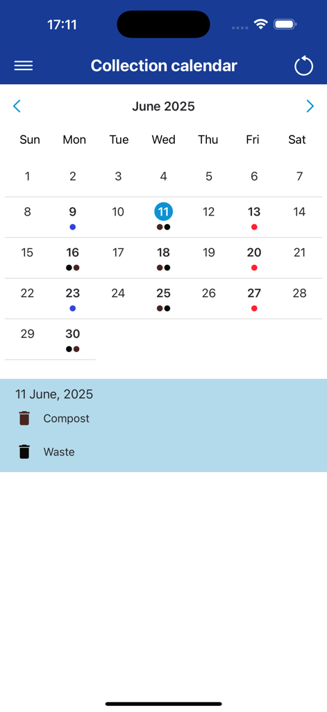 Country Clean Customer App - Mobile app screen showing a waste and compost collection calendar for June 2025.