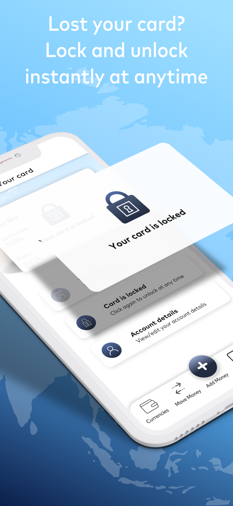 Interface showing the option to instantly lock and unlock the Cash Passport card for enhanced travel security.