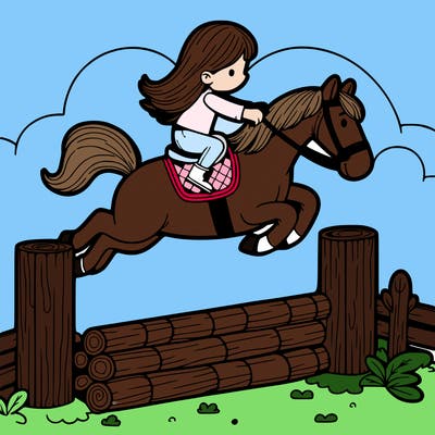 a girl jump with horse over obstacle
